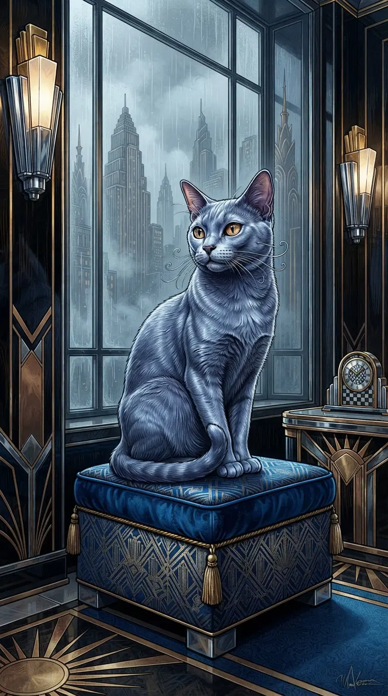 Elegant Gray Cat in a Rainy Cityscape Setting
