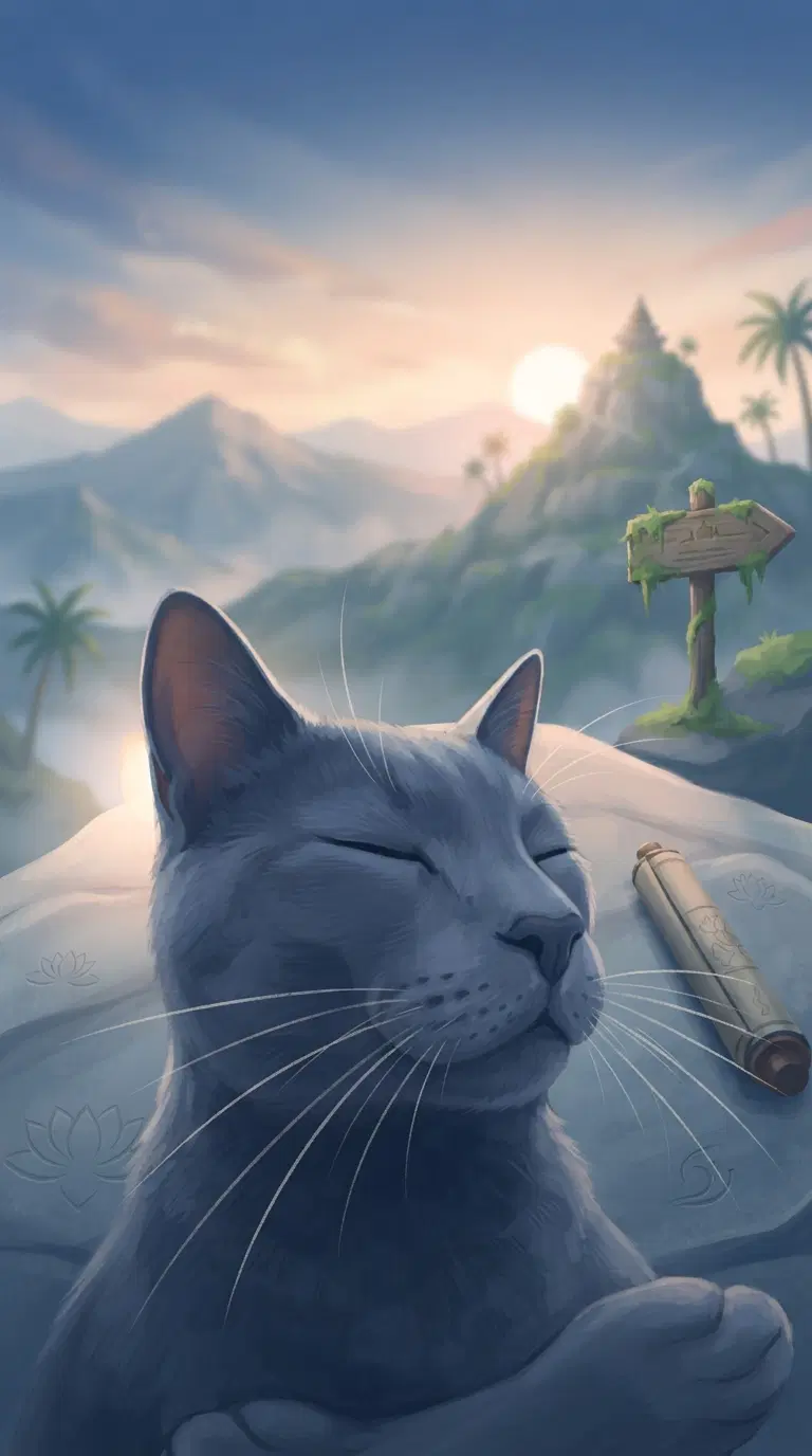 A Serene Cat in a Tranquil Landscape at Sunset