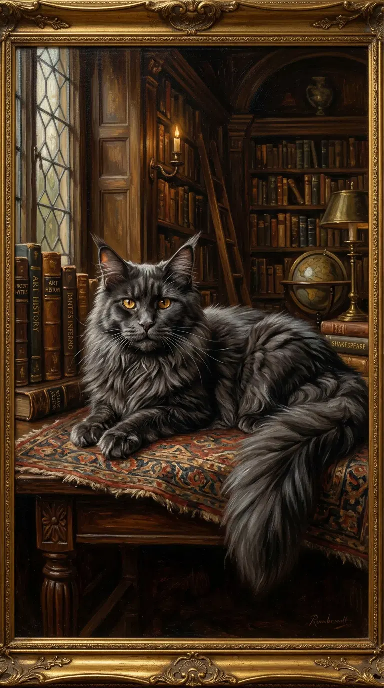 Elegant Maine Coon Cat Relaxing in a Library Setting