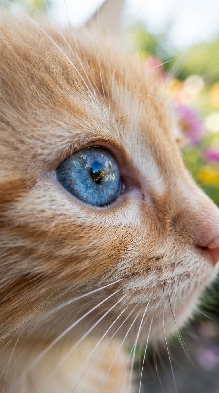 A close-up profile view of a ginger cat with vibrant blue eyes, surrounded by colorful flowers.