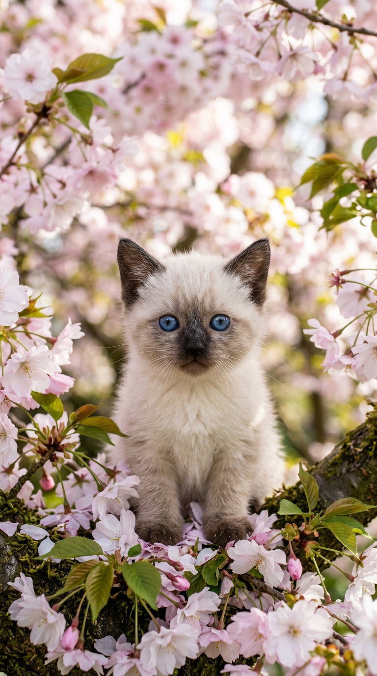 A cute Siamese kitten with blue eyes sitting on a tree branch surrounded by pink cherry blossoms.