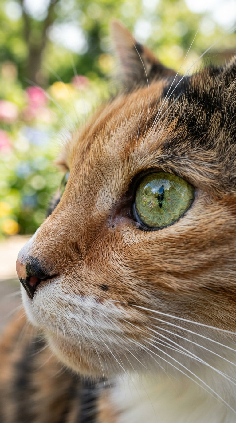 A close-up profile of a calico cat with prominent green eyes, set against a blurred background of colorful flowers.