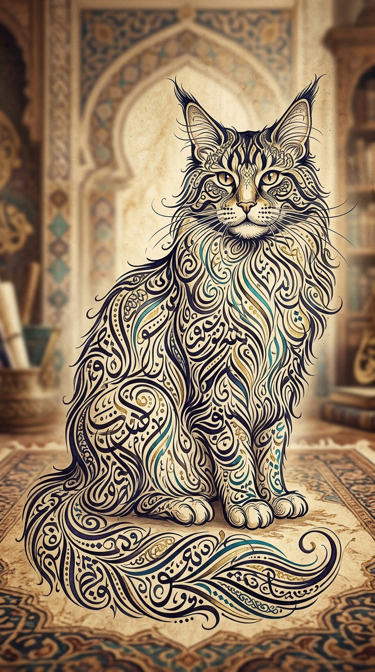 A stylized cat with intricate patterns on its fur, set against a decorative background resembling Middle Eastern architecture.