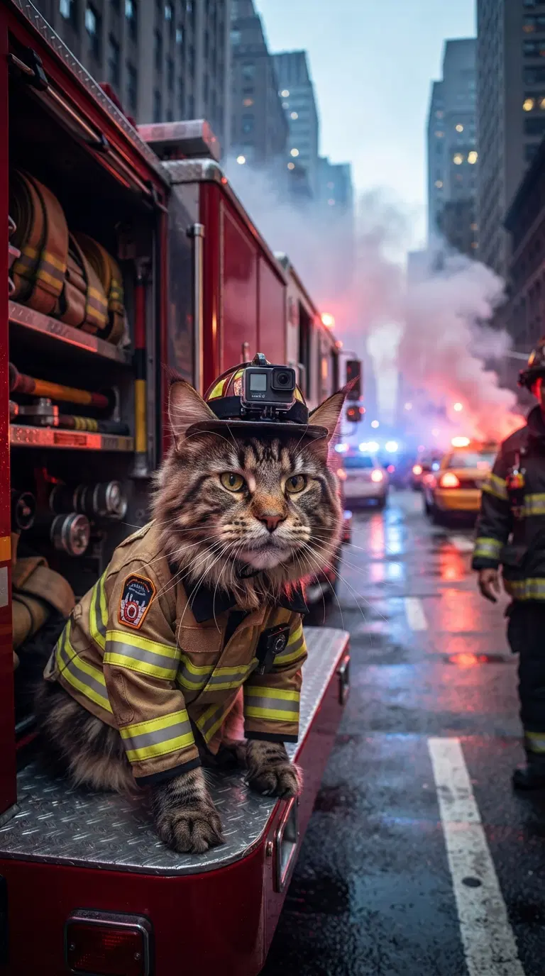 Firefighter Cat in Action Amidst a City Emergency Scene
