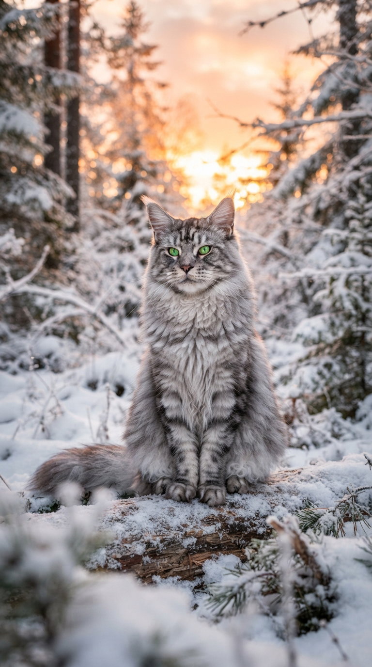 A fluffy Maine Coon cat sitting on a log in a snowy forest, with a sunset illuminating the background.