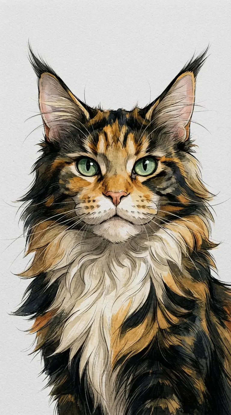 Detailed Maine Coon Cat Illustration with Green Eyes