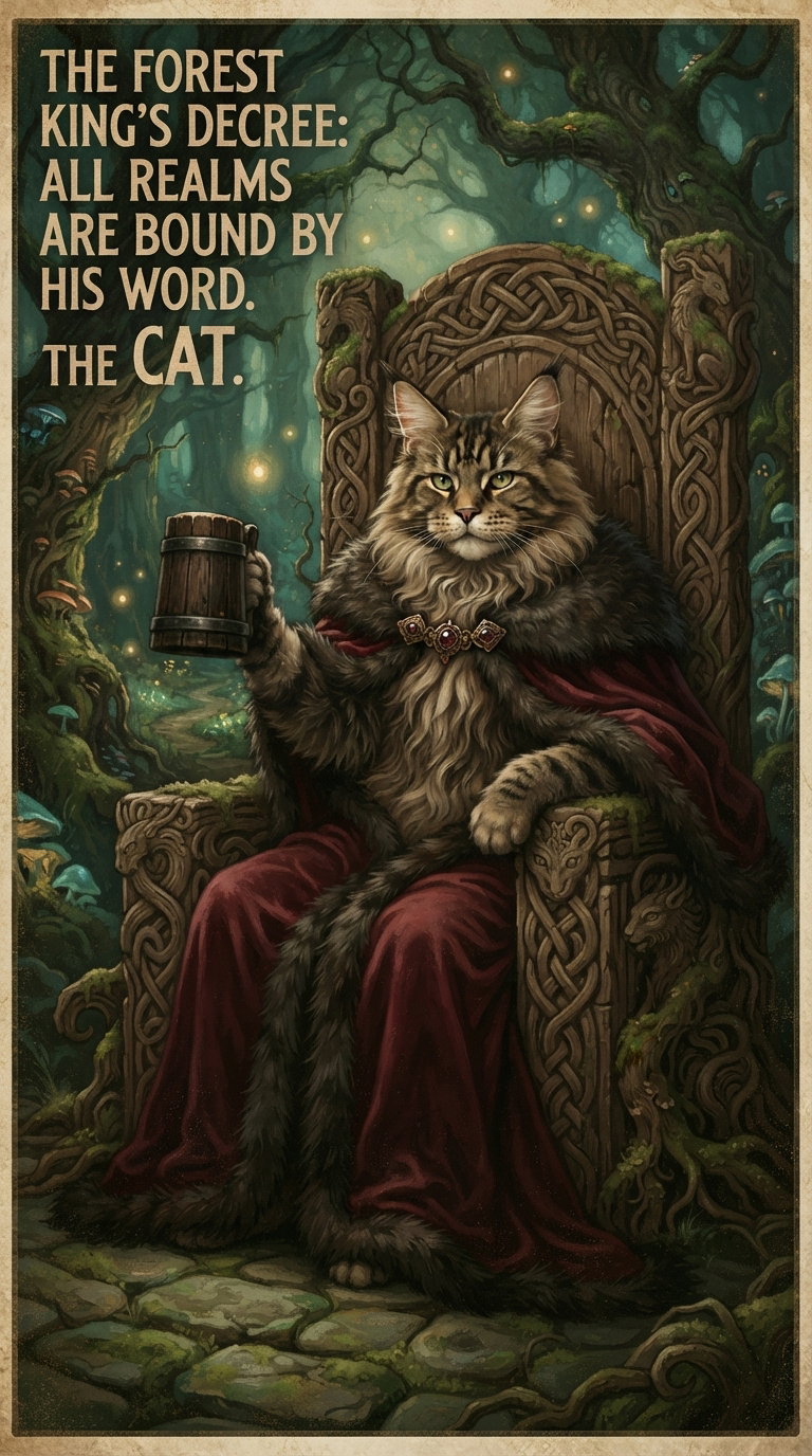 A regal cat with a long fur coat seated on a throne in a forest setting, holding a barrel, surrounded by greenery and magical elements.