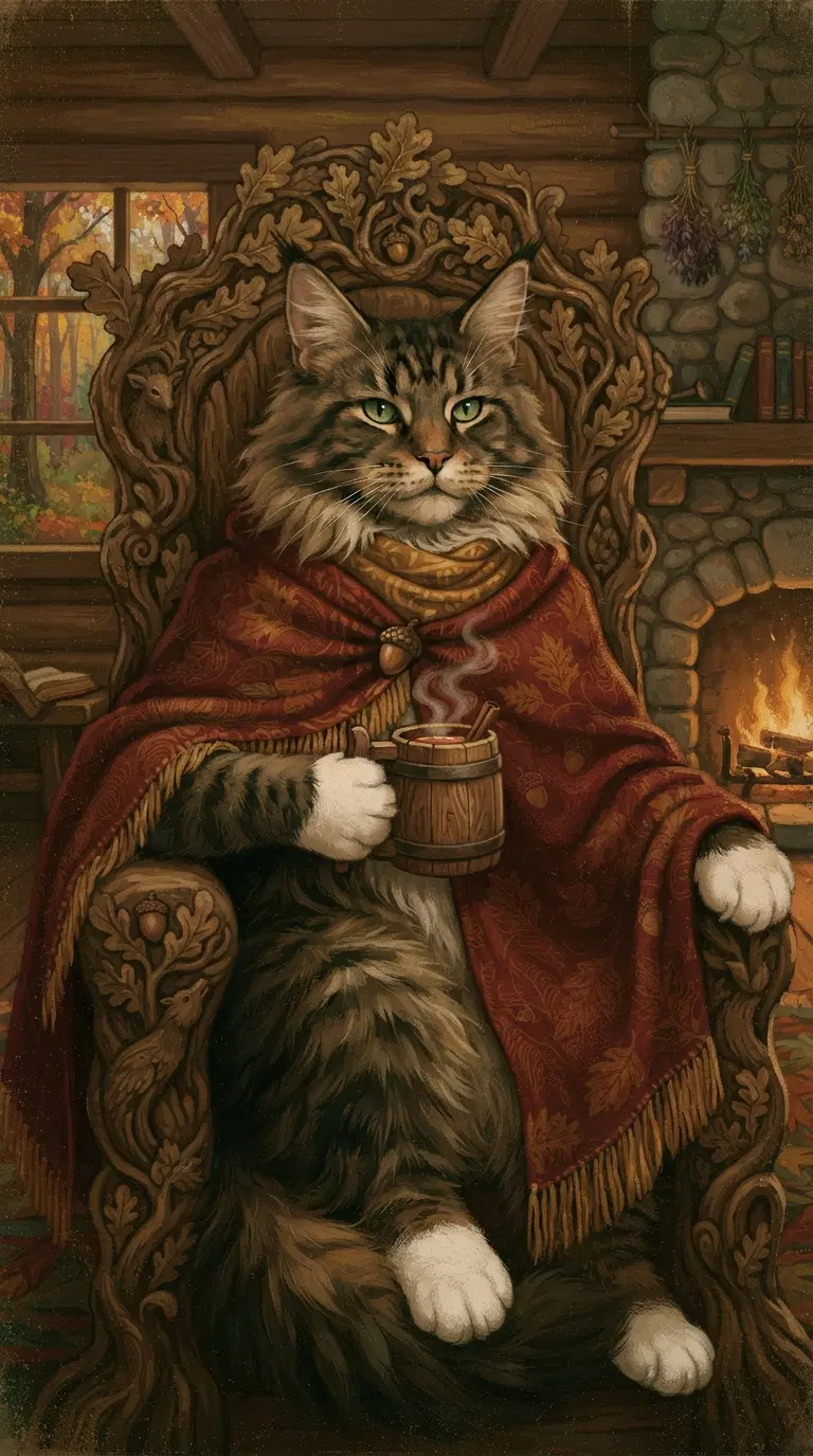Fluffy Cat Relaxing by the Fireplace in Cozy Surroundings