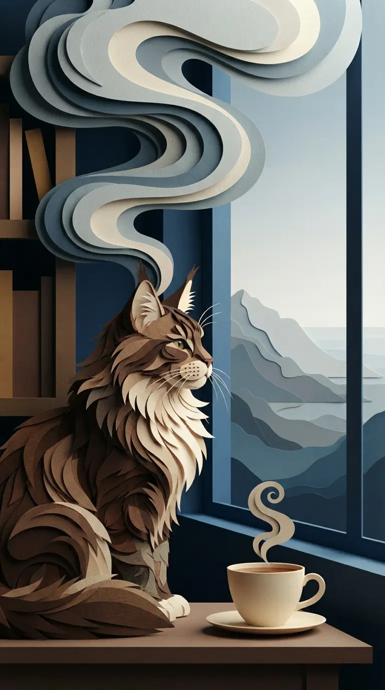 Artistic Representation of a Cat by a Window with a Coffee Cup