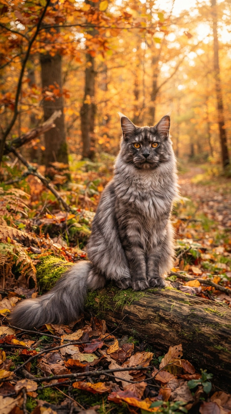 A Maine Coon cat with a thick fur coat is sitting on a log amidst fallen leaves and trees in an autumn forest.