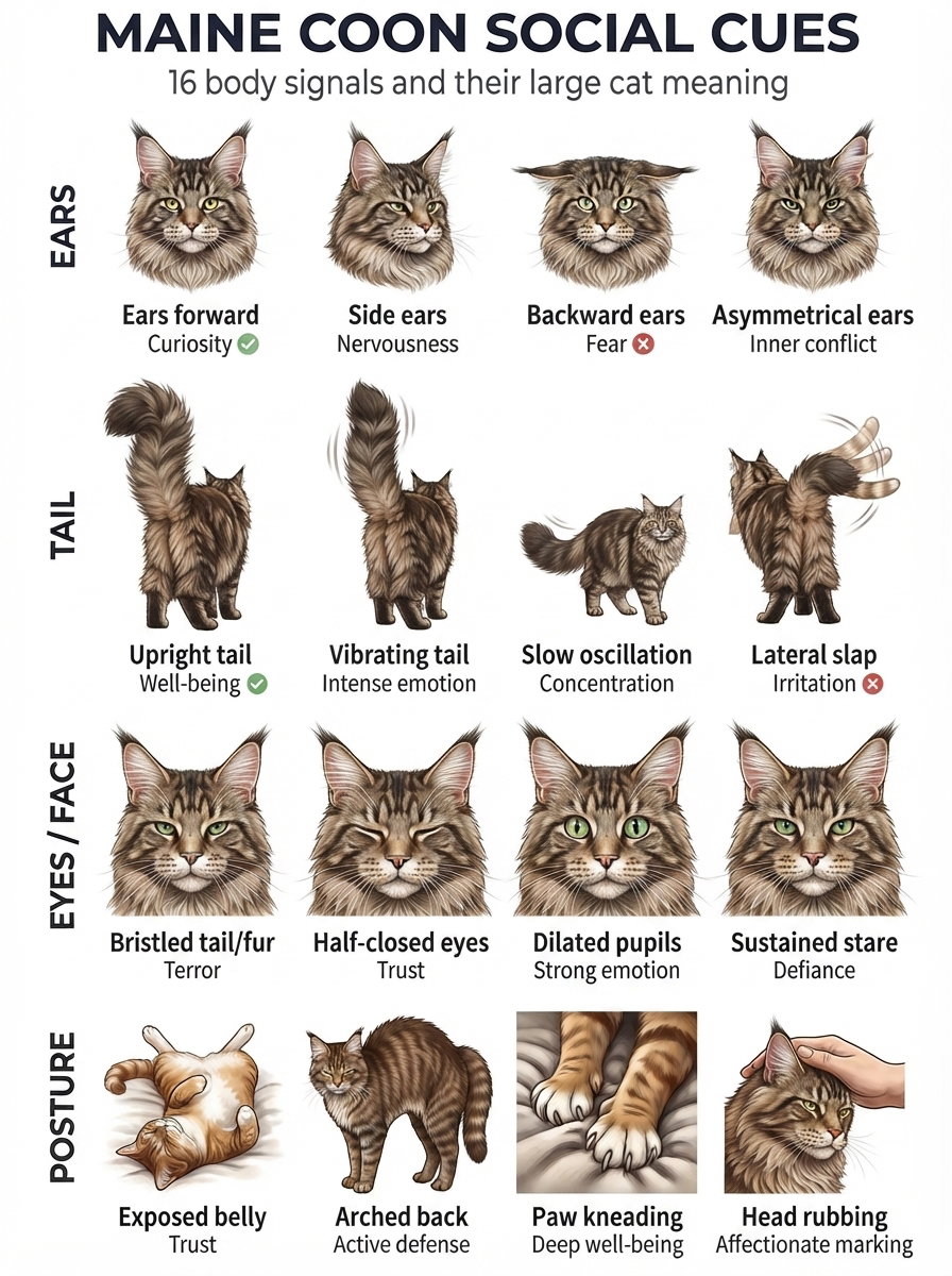An illustrated guide showing a Maine Coon cat with various body signals including ear positions, tail movements, and facial expressions that convey different emotions and meanings.
