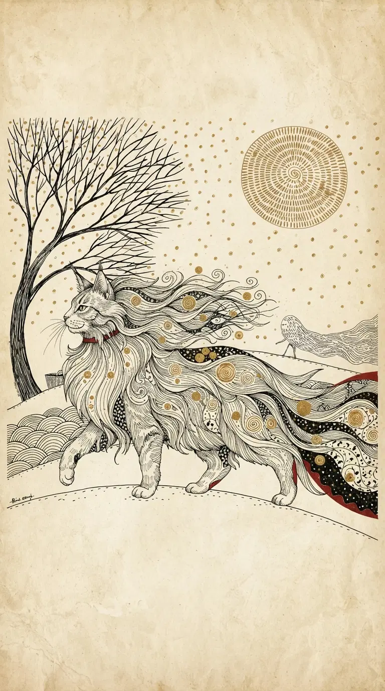 Whimsical Surreal Cat Illustration with Abstract Features