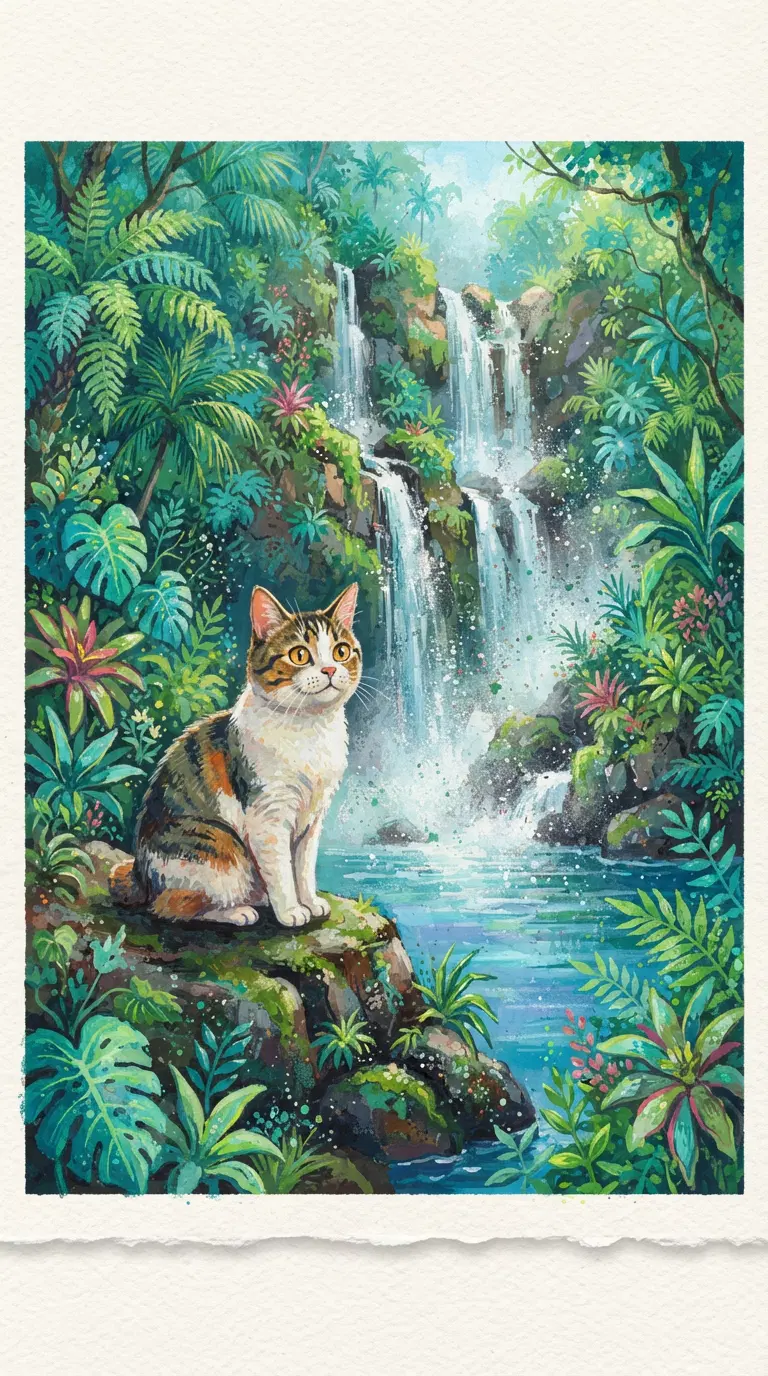 Whimsical Cat Art Featuring a Calico Cat in a Lush Forest