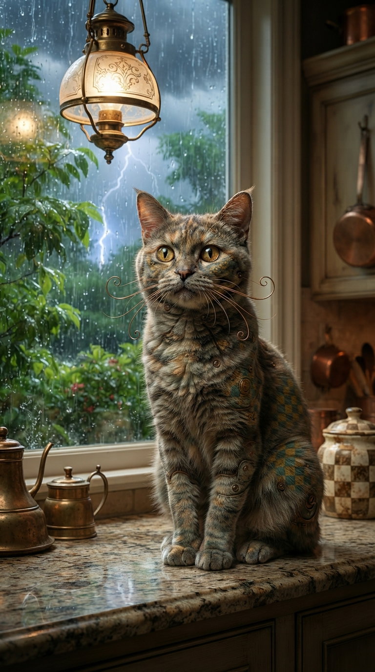 A tabby cat with bright eyes sits on a kitchen counter, with rain pouring outside a window. The kitchen is adorned with vintage copper pots and a patterned teapot.