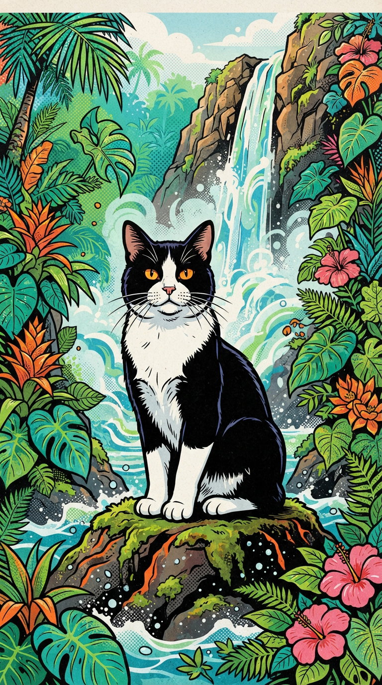 A black and white cat sitting on a rock in a lush tropical setting, with a waterfall in the background and vibrant flowers in the foreground.