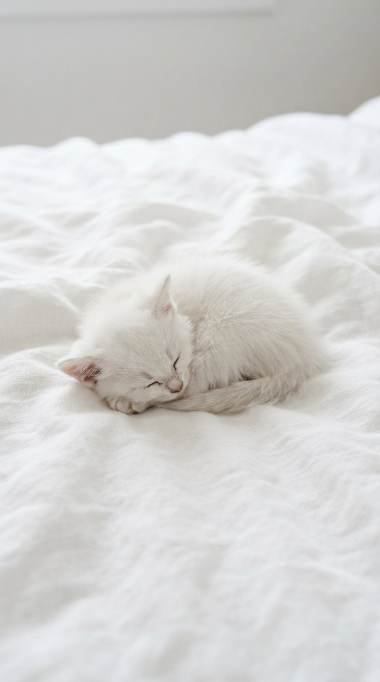 A small sleeping white kitten curled up on a soft white bedspread.