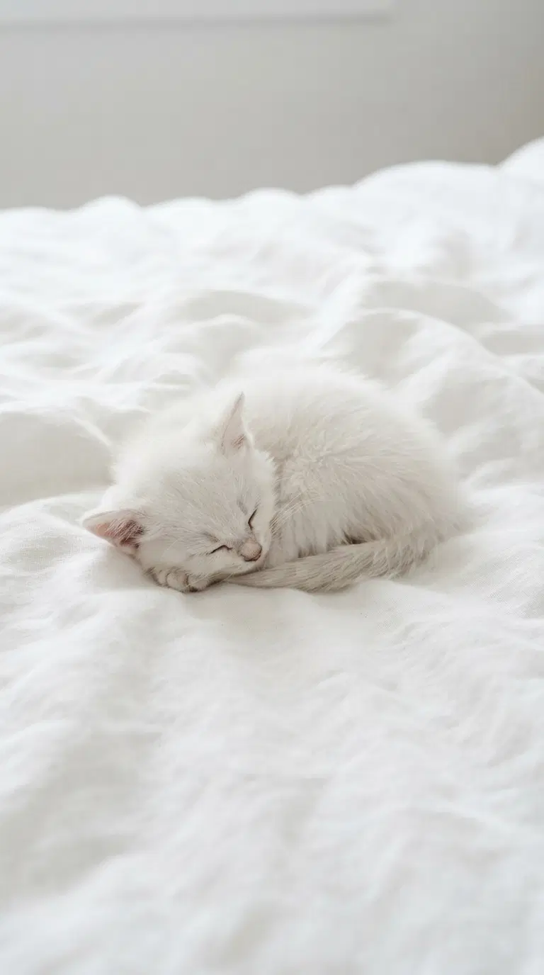 Adorable White Kitten Cozy on White Bedding