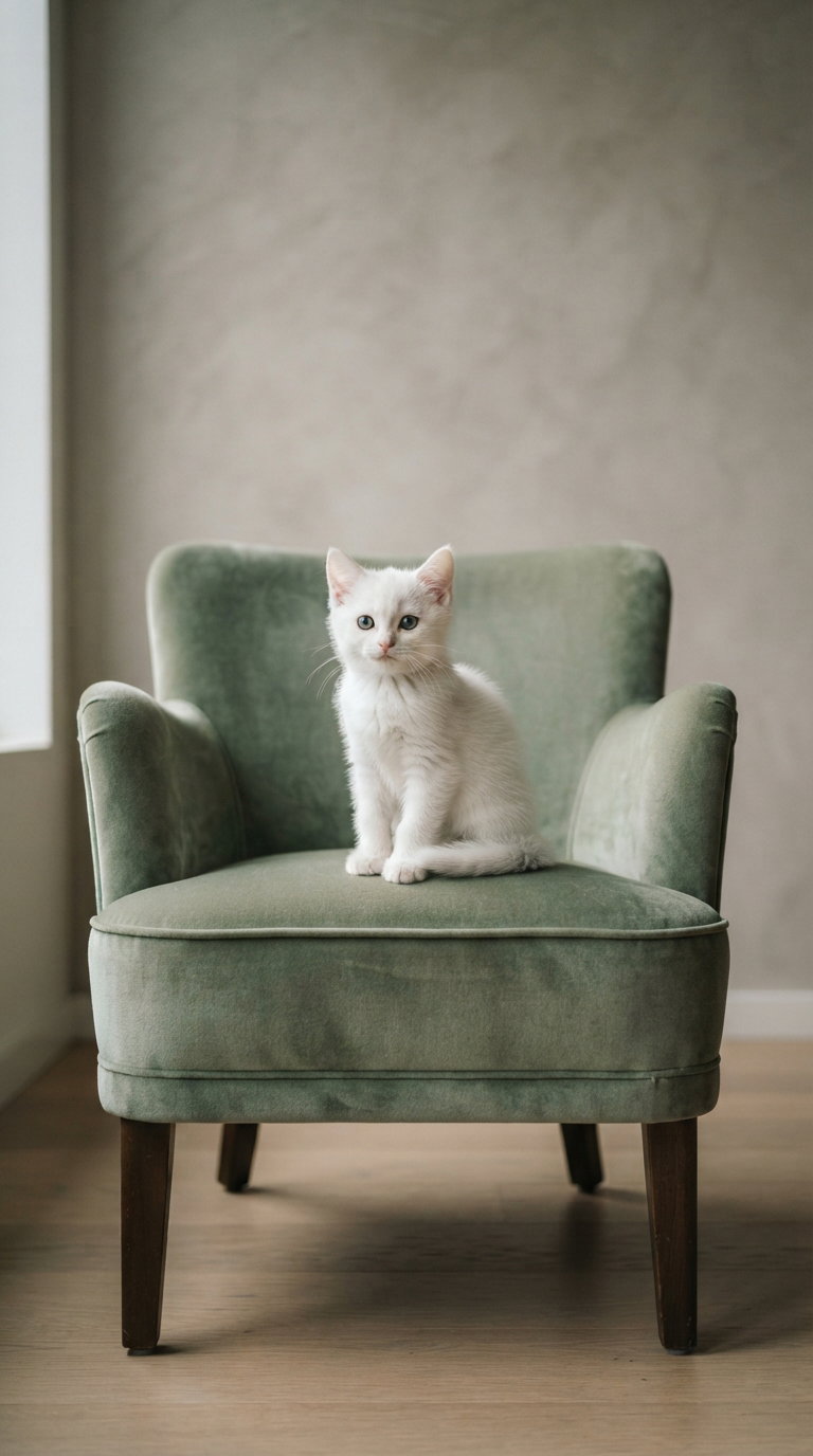 A white kitten sitting elegantly on a soft green chair, against a neutral background with natural light.