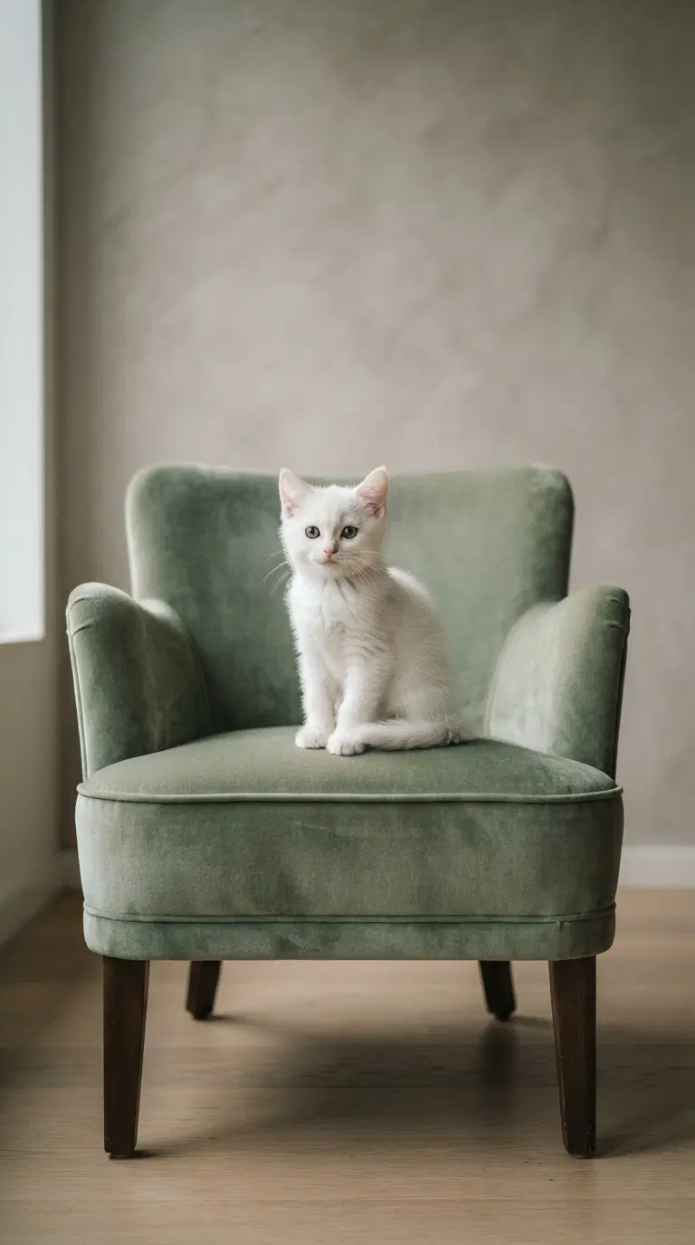 Charming White Kitten Sitting on a Green Chair in Soft Lighting
