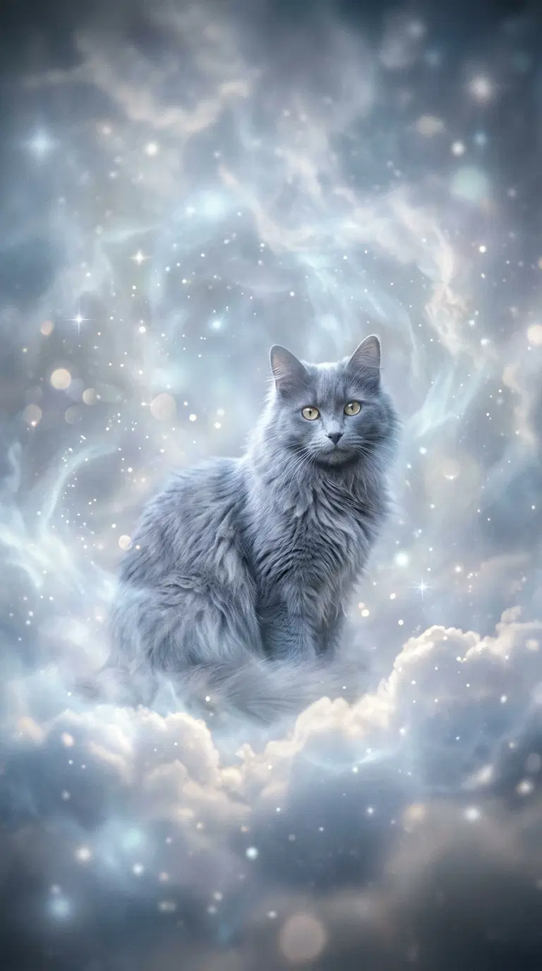 Fluffy Gray Cat Surrounded by Dreamy Clouds and Sparkles
