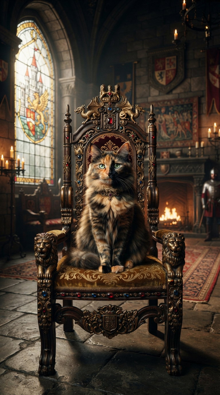 A majestic cat sitting on an ornate throne in a castle setting, surrounded by medieval decor and stained glass windows.