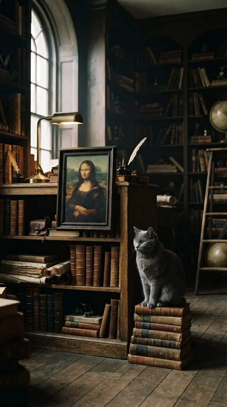 Gray Cat in a Cozy Library Surrounded by Classic Books
