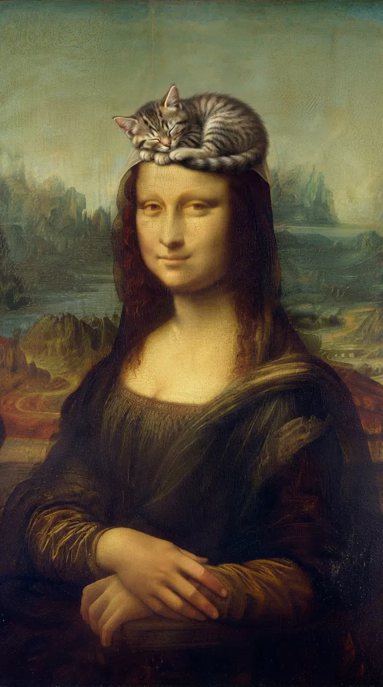 A playful reinterpretation of the Mona Lisa with a kitten