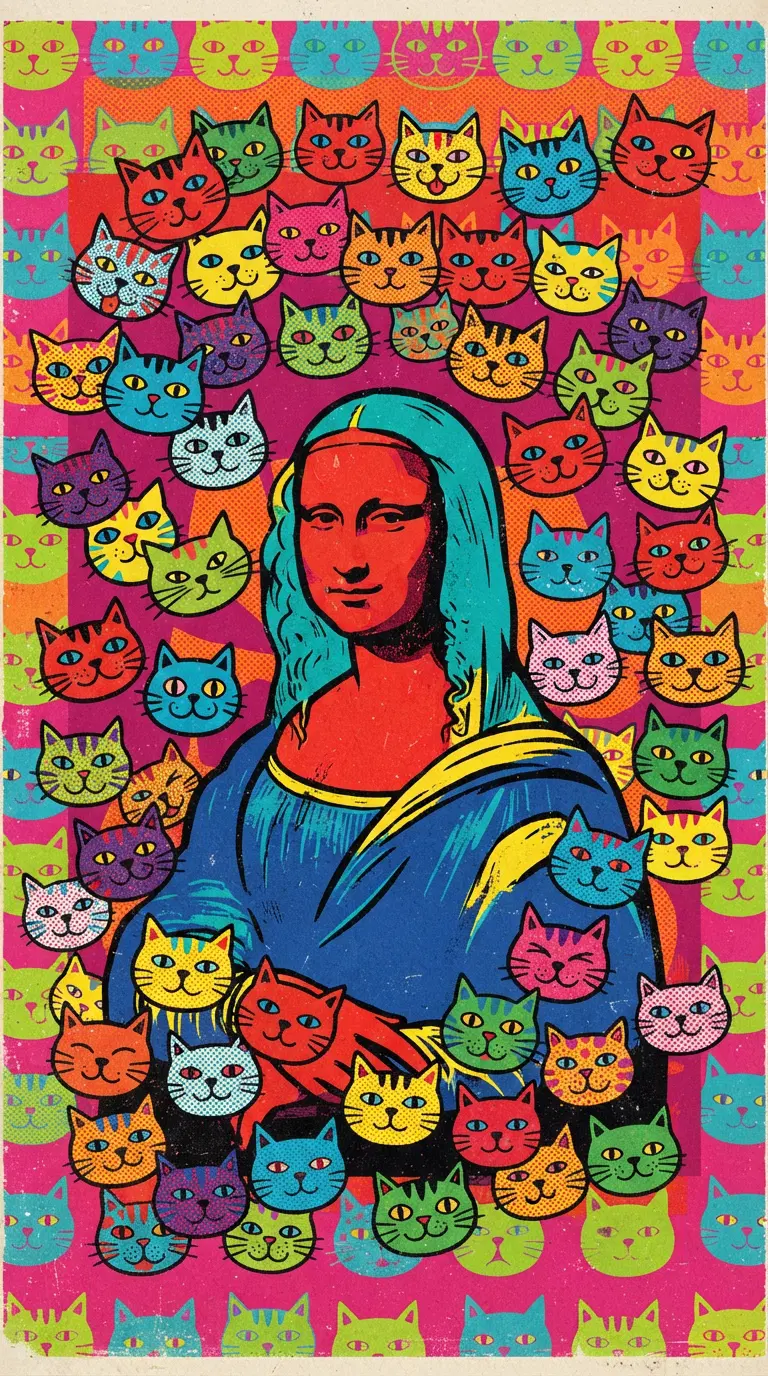 Colorful Art Inspired by Mona Lisa Surrounded by Cat Faces