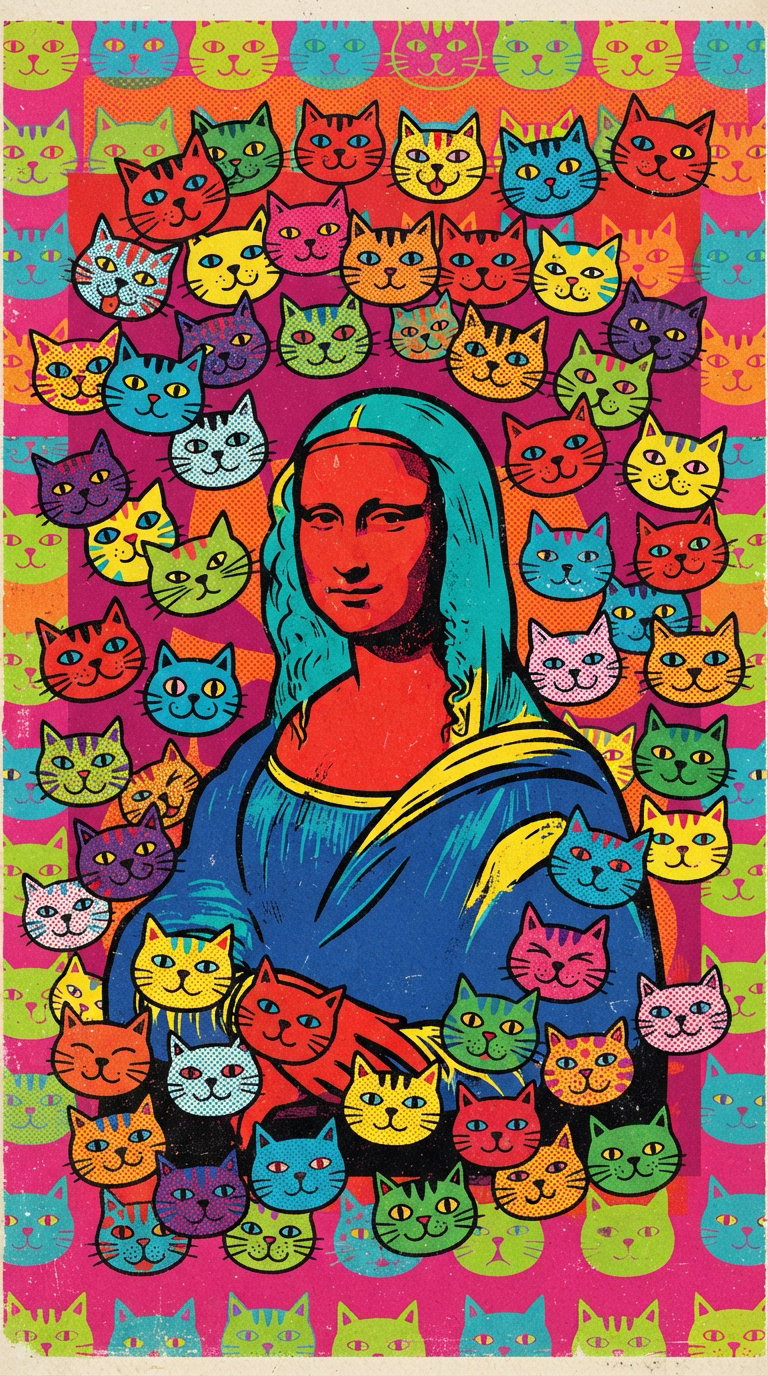 A vibrant artwork featuring a reinterpretation of the Mona Lisa with a blue dress and red skin, surrounded by an array of colorful, cartoonish cat faces in various expressions.