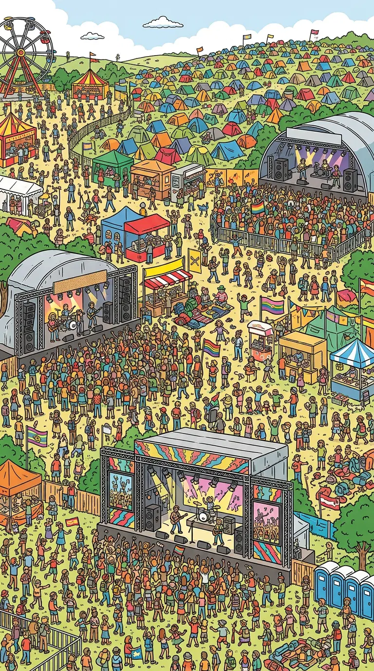 A colorful illustration of a lively outdoor music festival scene
