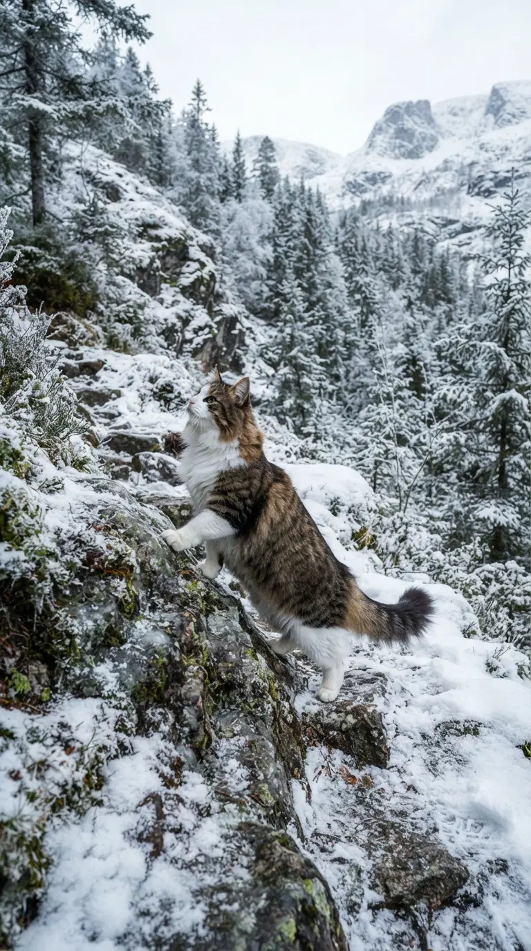 Fluffy Cat Amidst Snowy Mountain Landscape