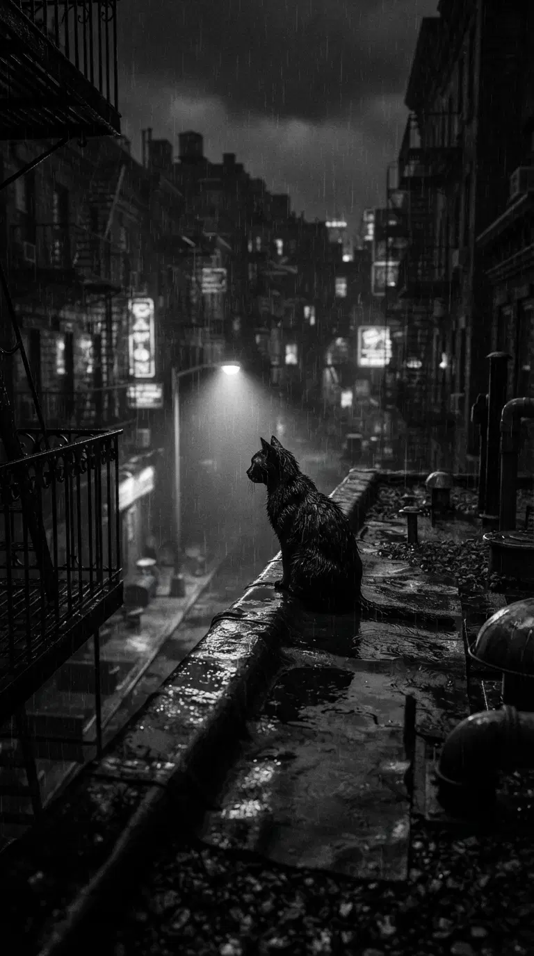 A contemplative cat in a rain-soaked urban night scene