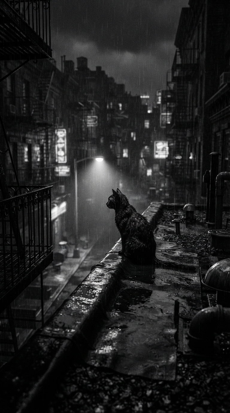 A black cat sitting on a rooftop edge, gazing at a dimly lit street in the rain, with blurred city lights and a moody atmosphere.