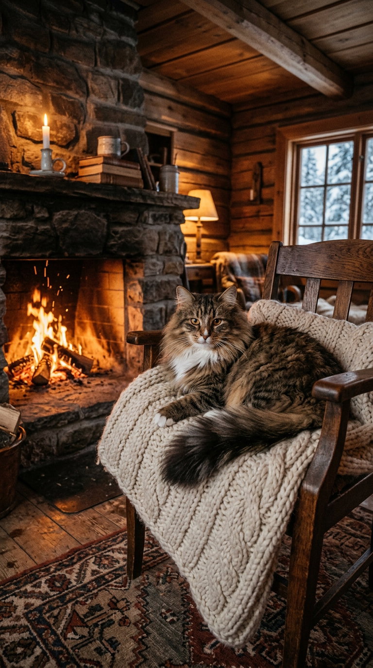 A fluffy cat resting on a knitted blanket on a wooden chair in front of a stone fireplace, creating a warm and inviting atmosphere.