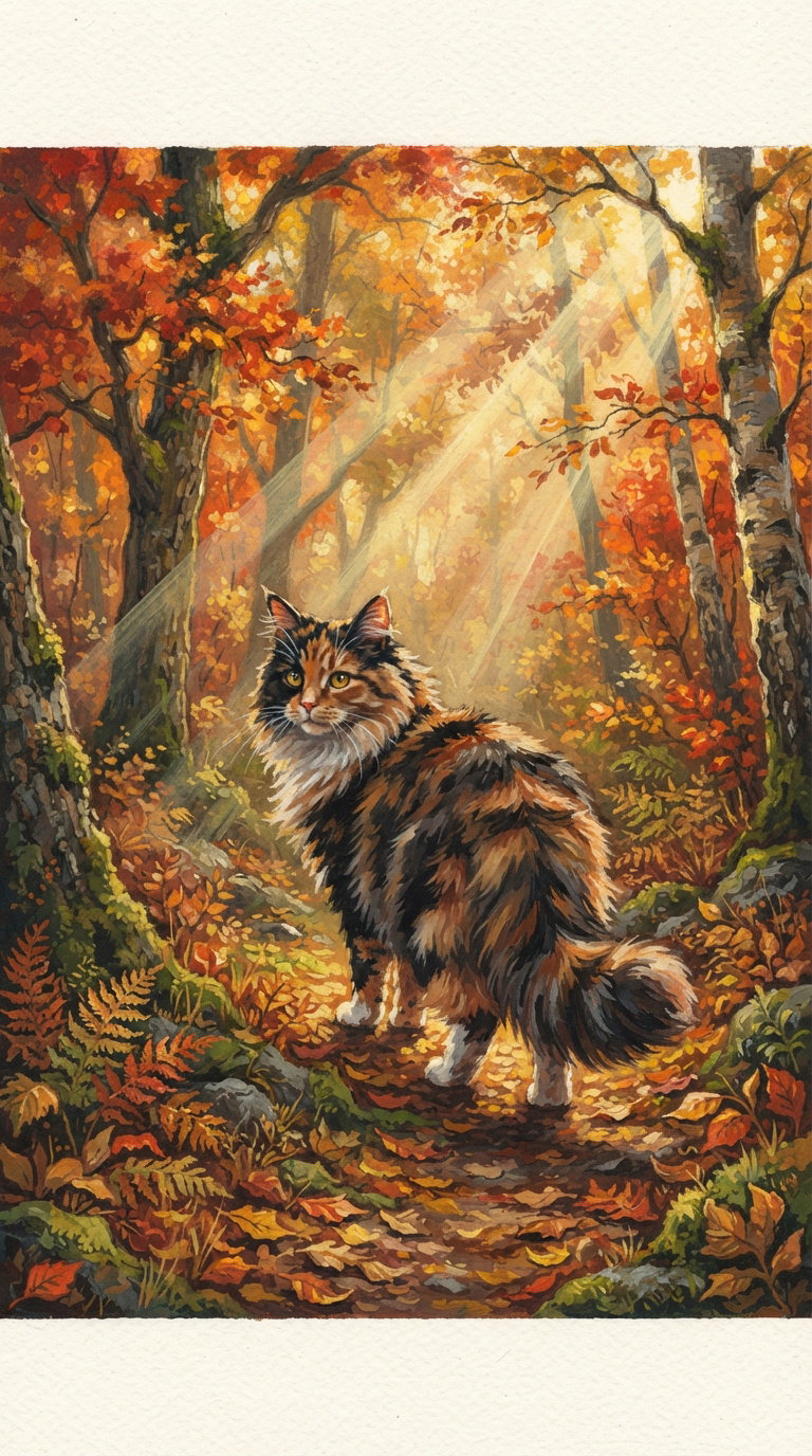 A calico cat standing on a path in a vibrant autumn forest with sunlight streaming through the trees, surrounded by colorful fallen leaves.