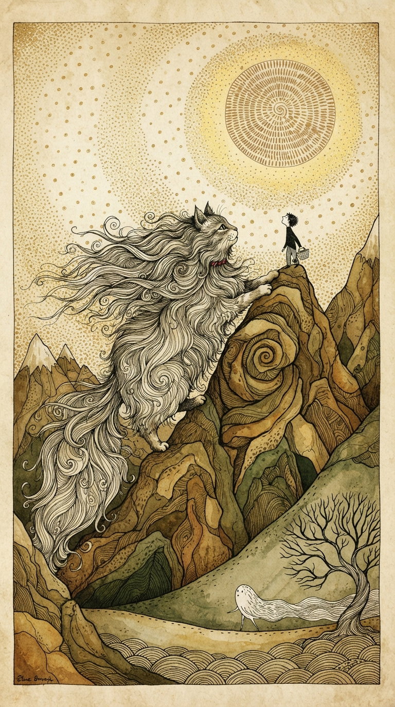 A large, fluffy cat stands on a rocky mountain with a figure holding a stick, surrounded by swirling lines and a sun in the sky.