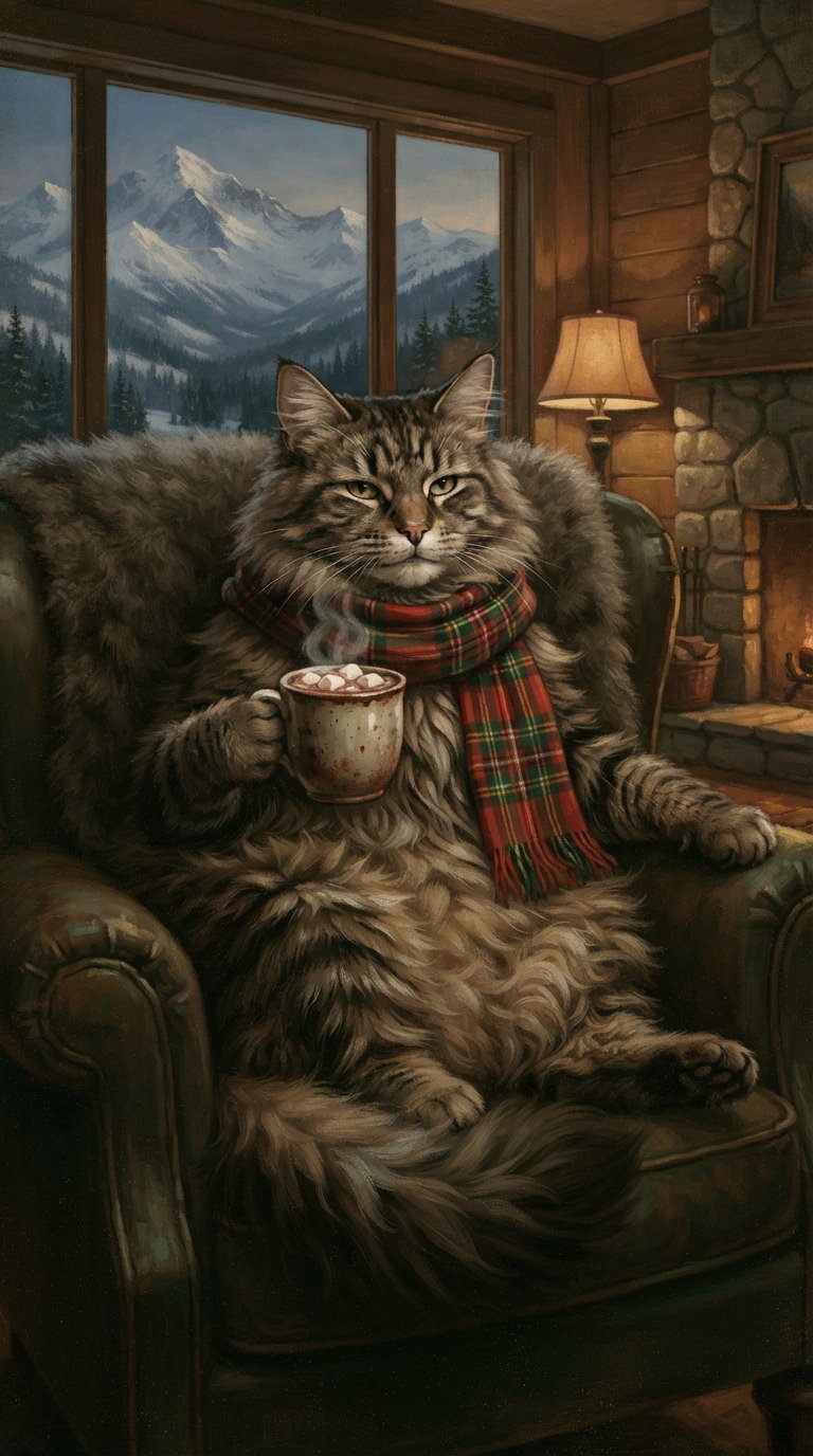 A large, fluffy cat wearing a red plaid scarf sits comfortably in a cozy armchair, holding a mug of hot cocoa. The background features a warm, rustic interior with a fireplace and mountains visible through a window.