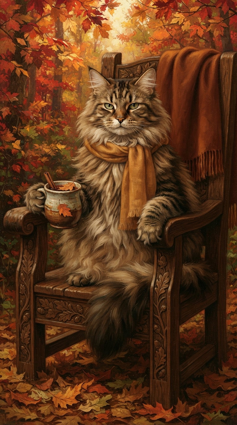 A fluffy cat sitting on an ornate wooden chair, wrapped in a scarf, holding a small pot, surrounded by vibrant autumn foliage.