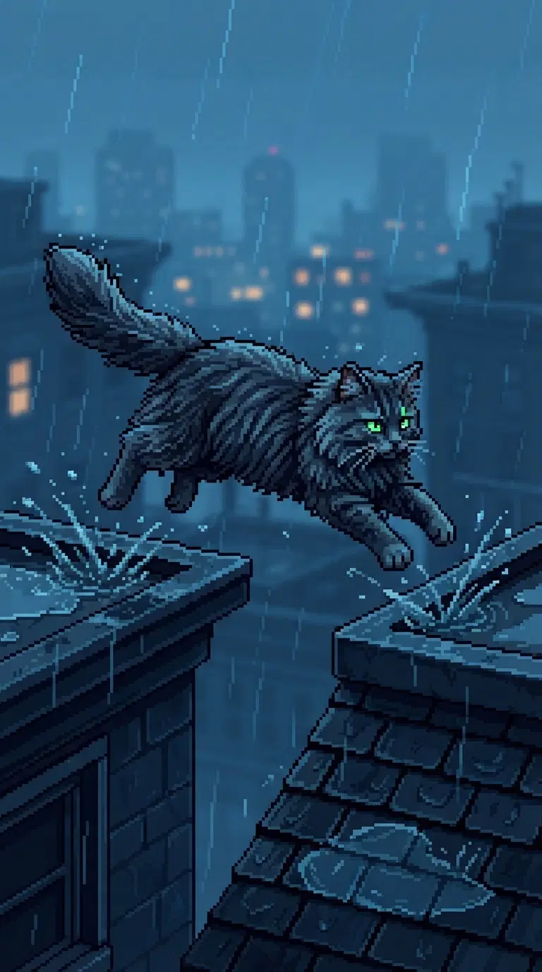 Dynamic Illustration of a Cat Leaping Over Rooftops in Rain