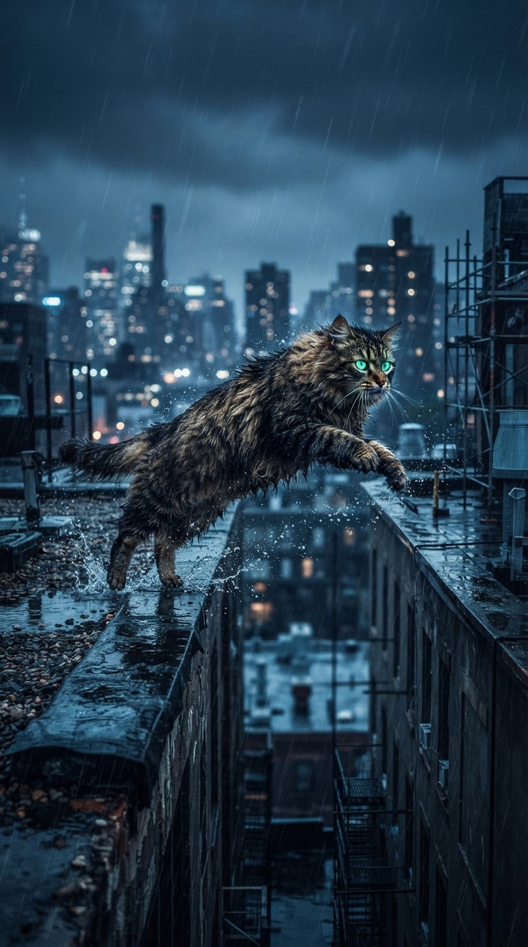 A long-haired cat with glowing eyes jumps across a rainy rooftop, with a city skyline in the background under dark, stormy skies.