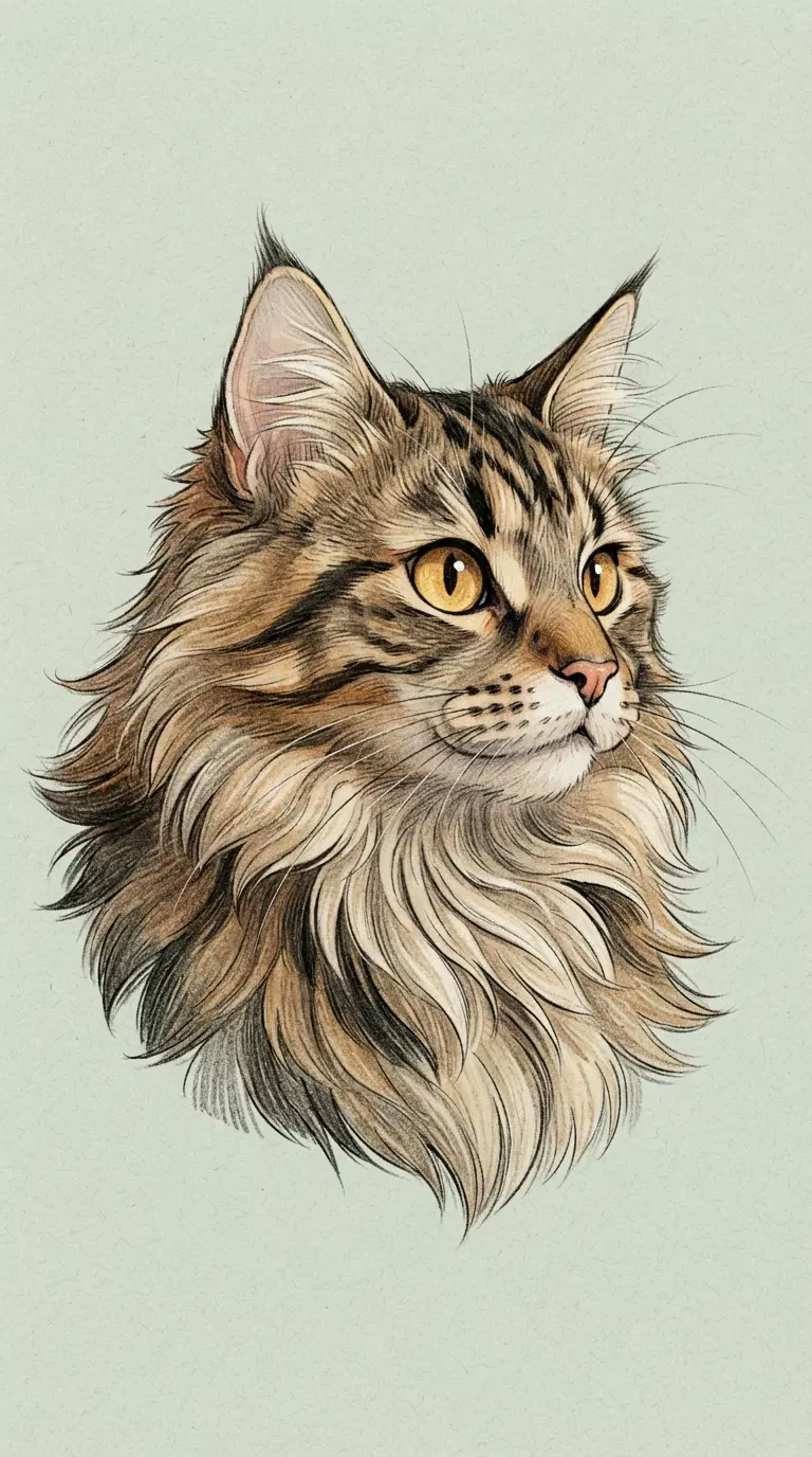 Illustration of a Maine Coon Cat with Detailed Fur and Eyes