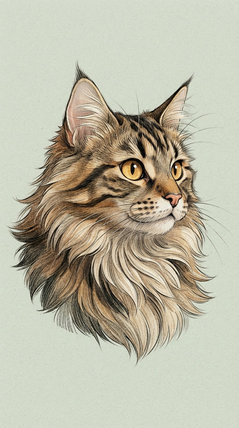 A detailed illustration of a Maine Coon cat with prominent features like long, fluffy fur and striking golden eyes against a light green background.