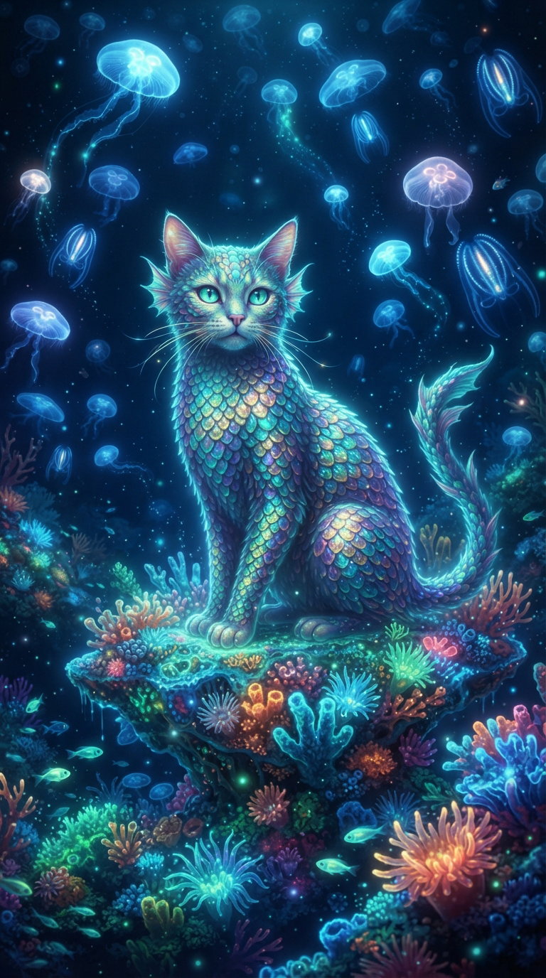 A vibrant, surreal illustration of a cat with a mermaid-like scales, surrounded by colorful jellyfish and coral in an underwater setting.