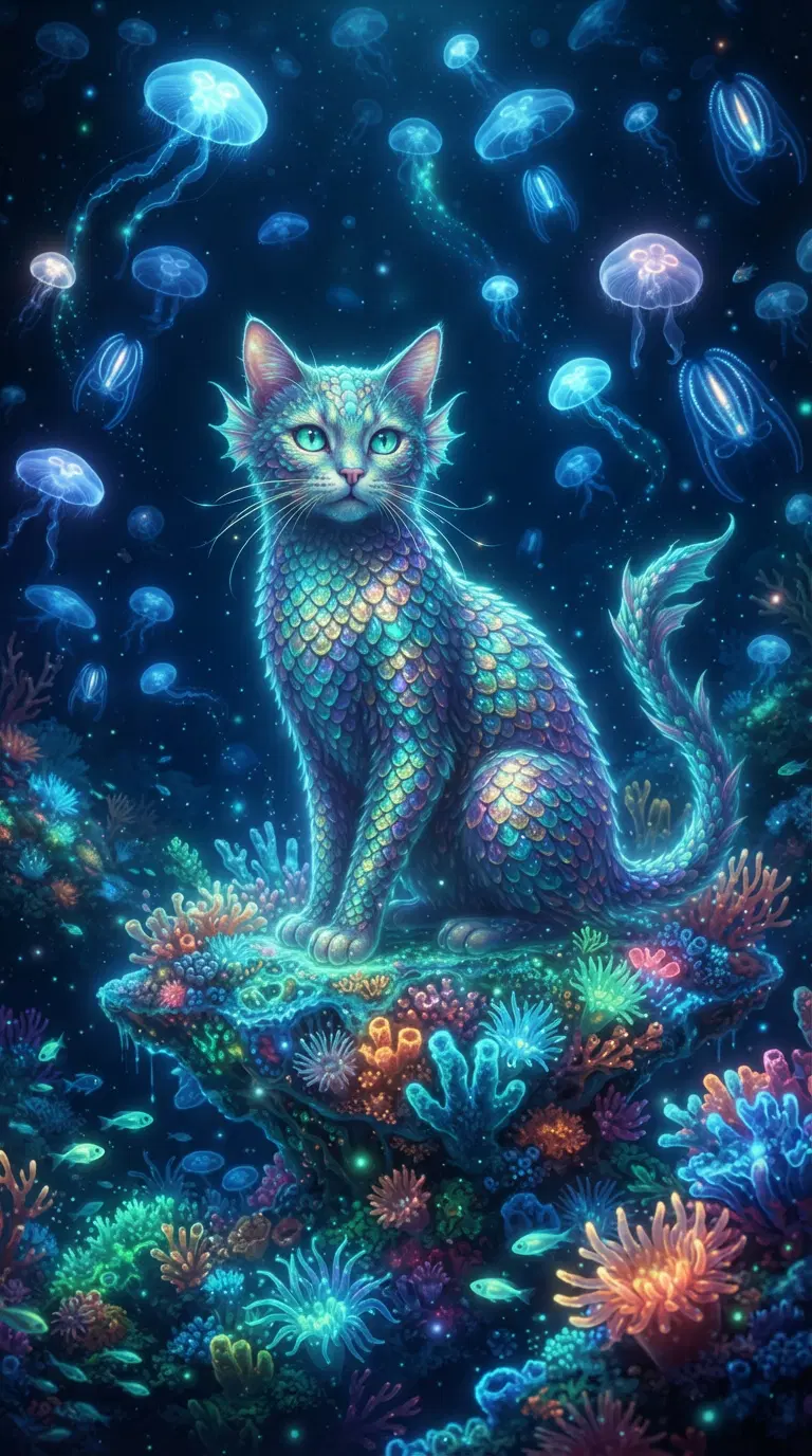 A Surreal Cat Underwater with Colorful Jellyfish and Corals