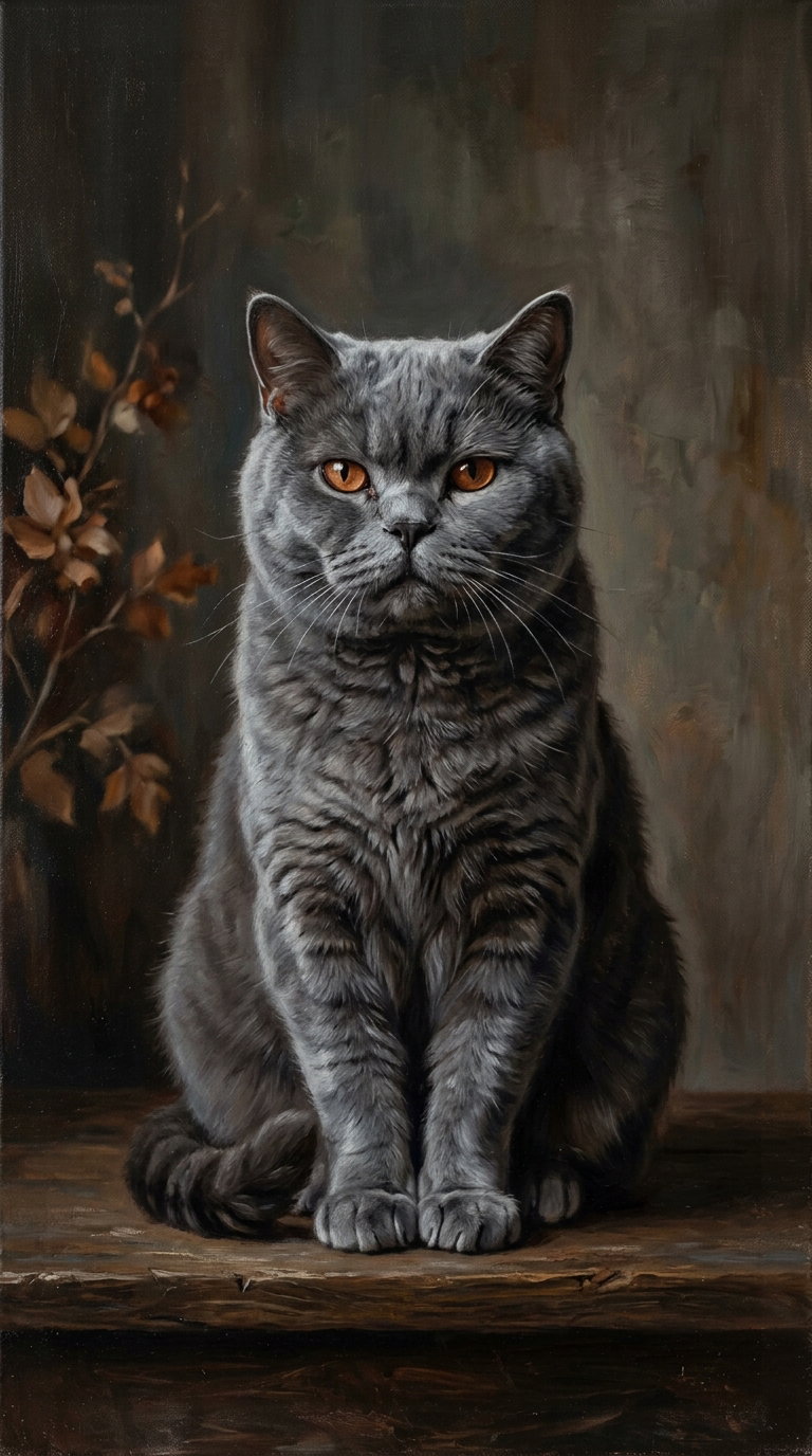 A realistic painting of a gray British Shorthair cat sitting on a wooden surface. The cat has distinct round eyes and a thick coat, with a blurred background featuring branches.