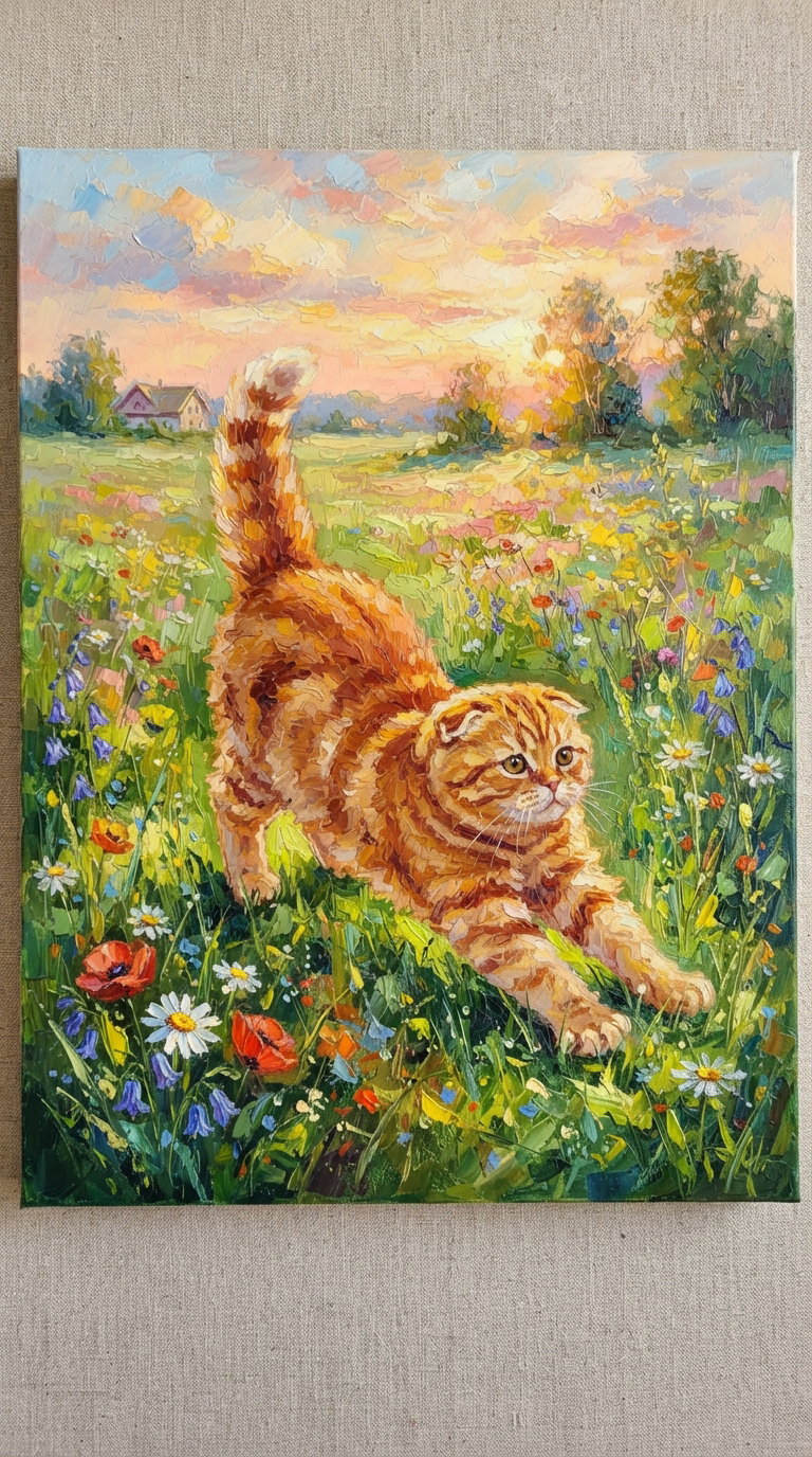 A ginger cat stretching amidst wildflowers in a sunlit meadow with houses in the background.