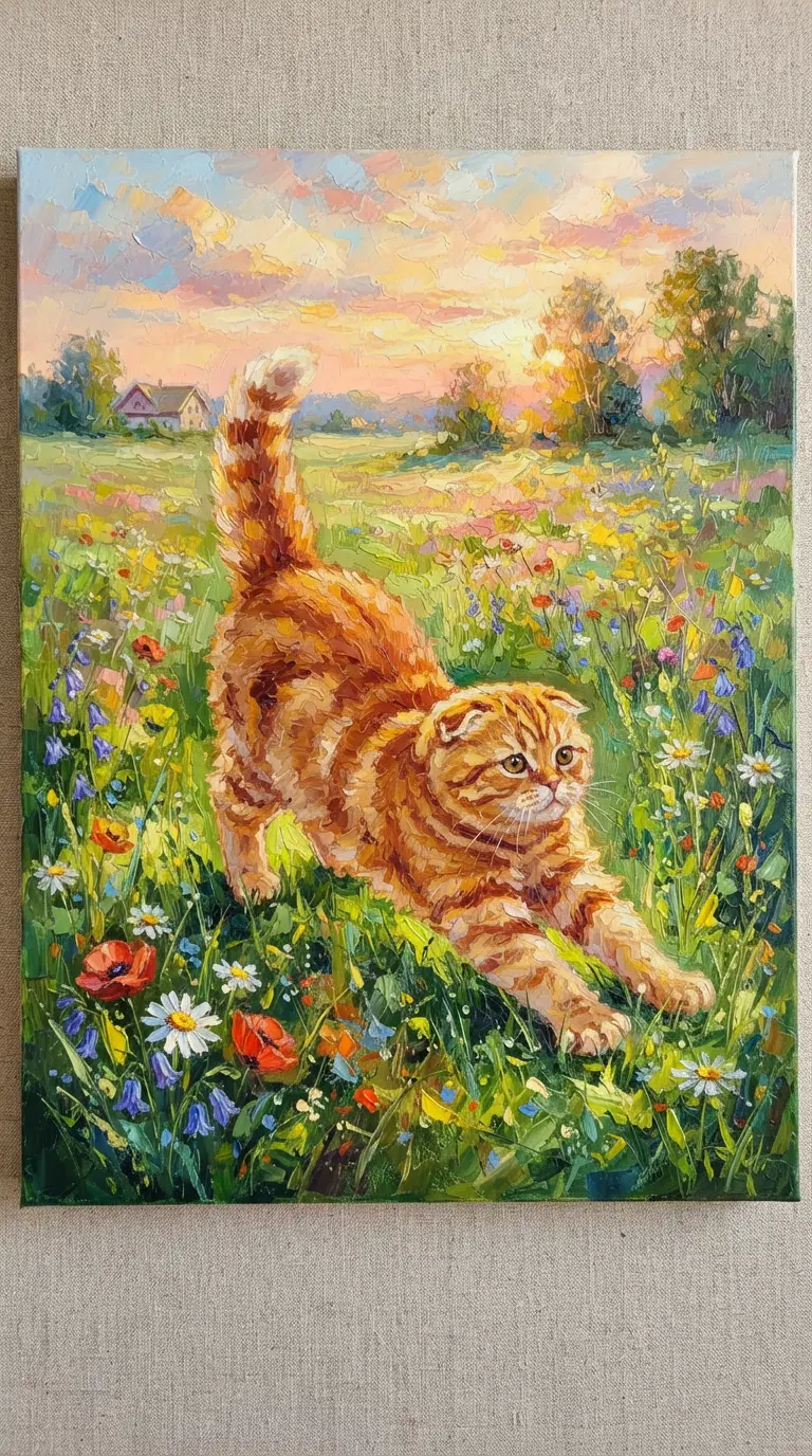 Vibrant Ginger Cat Stretching in a Colorful Meadow at Sunset