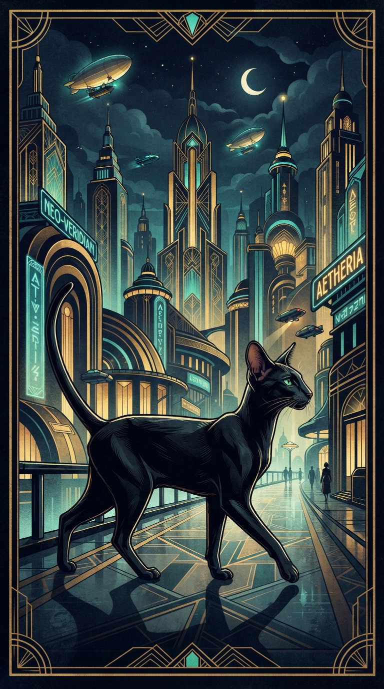 A black cat walking in a futuristic city with glowing buildings and flying vehicles.