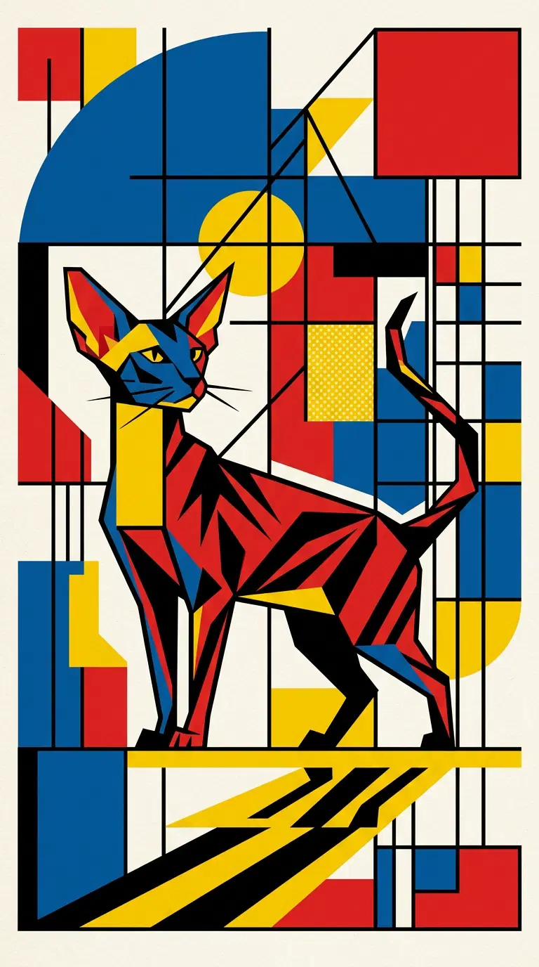 Abstract and Colorful Cat Illustration with Geometric Shapes