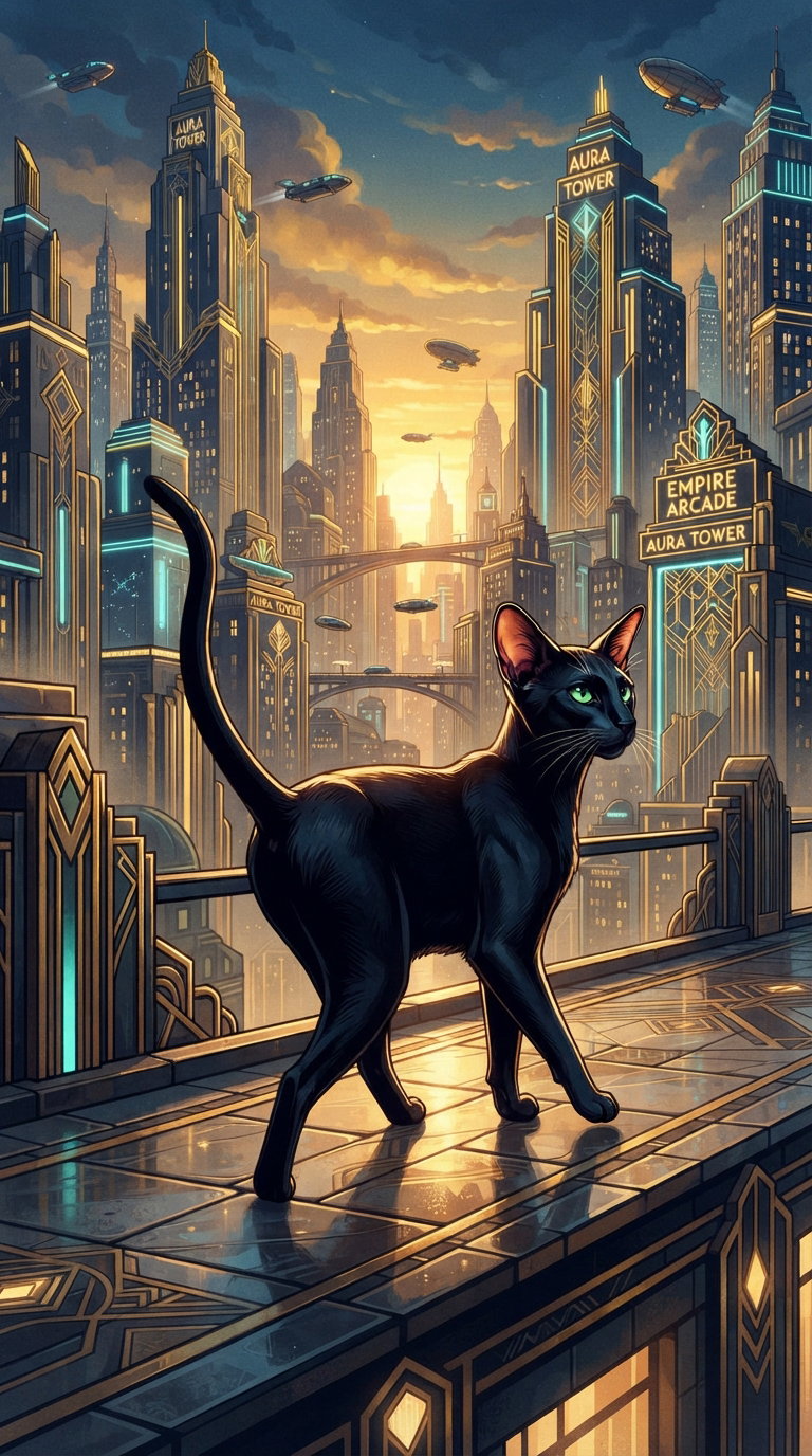 A sleek black cat with green eyes walking along a high-tech platform with futuristic buildings and airships in the background